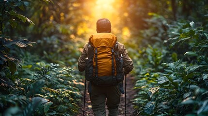 Naklejka premium Adventurous hiker explores serene forest landscape