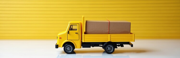 Bright yellow delivery truck transports package. Commercial vehicle loaded with parcel, ready for distribution. Ideal for logistics, shipping, courier services, urban, business operations efficiently.