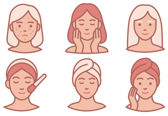 Flat vector set of beauty and skincare icons. Women with facial treatments, spa masks, makeup, and healthy skin routines. Perfect for cosmetics, spa, dermatology, and self-care projects.