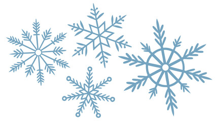 Four Stylized Light Blue Snowflakes with Unique Designs on a Transparent Background.