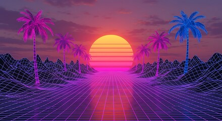 Retro Synthwave Sunset: Palm Trees, Grid Landscape, 80s Nostalgia