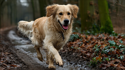 A Golden Retriever Running on a Muddy Path