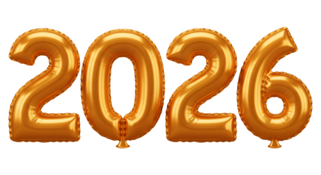 Gold balloon numbers 2026 forming the year isolated on transparent background