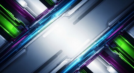Dynamic abstract background showcasing modern technology with vibrant blue, green, and purple lights crossing diagonally, creating a futuristic and tech-driven atmosphere suitable for web banners and 