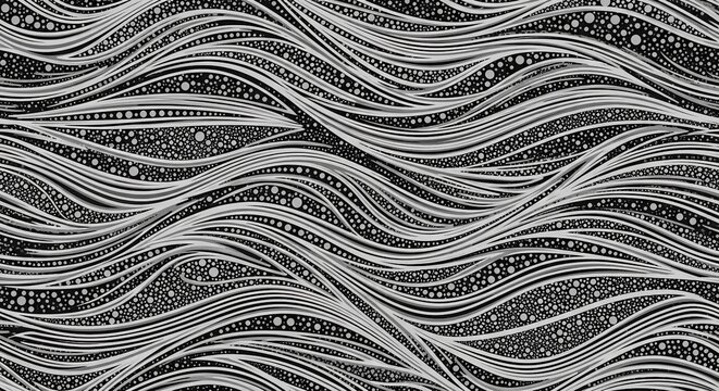 Abstract flowing lines and dotted patterns create a dynamic black and white background, perfect for modern design and textures.