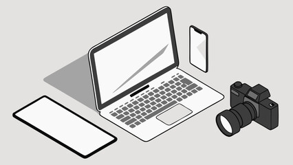 Isometric Illustration of Laptop Tablet Phone and Camera.