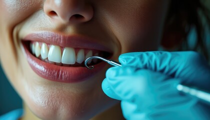 Obraz premium Dental care, dentist with a dental mirror, close up of dentist holding dental tools