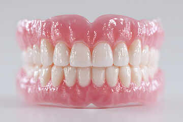 Obraz premium High quality 3D rendered denture set showing gleaming white teeth with realistic gum texture, highlighting dental prosthetics and oral care Dental care background