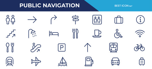 Public Navigation Line Icons Pack – Vector Symbols for Wayfinding, Transportation, Facilities, and Amenities