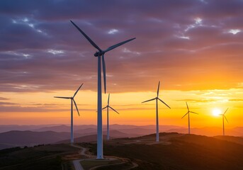 Fototapeta premium Wind turbines stand tall on a hilltop at sunset, generating clean energy against a vibrant, colorful sky.