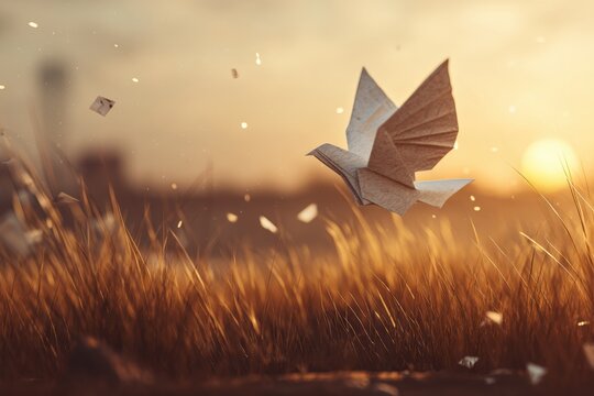 Empty field with paper dove origami flying in the wind, soft sunset glow, scattered ASEAN symbols on ground.