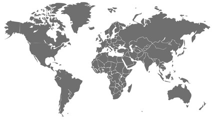 Simplified Gray World Map Depicting Global Continents and Countries.