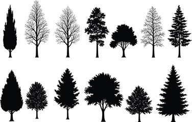 Silhouette collection of different tree shapes and types, black vector set for landscape design, illustration, decoration, and nature projects
