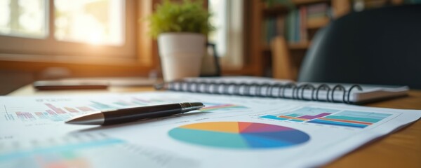 Close-up on wooden desk with financial data analysis charts, graphs. Pen rests on paper detailing business growth insights, budget planning, investment performance. Spiral notebook, plant, bookshelf