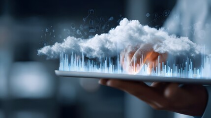 Digital cloud computing interface with data graphs on a tablet.