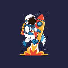 Fototapeta premium Adventurous astronaut character happily perched on a colorful rocket, representing the thrill of space exploration.
