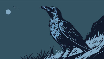 Fototapeta premium Stylized Raven Perched on a Hillside with Moon and Birds.
