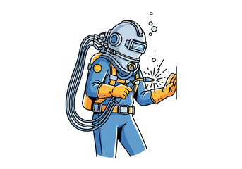Illustration of a professional underwater welder in a vintage deep-sea diving suit performing maintenance