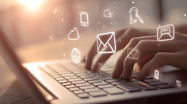Hands typing on a laptop with digital communication icons overlayed.