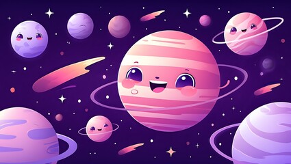 Naklejka premium Cute Cartoon Planets with Smiling Faces Floating in a Purple Starry Galaxy