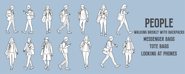 Minimal line art illustration of people walking briskly with backpacks, messenger bags, or tote bags, including individuals looking at phones, hand-drawn vector urban lifestyle design elements   © MkJutt