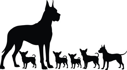 Silhouette of large dog with small dogs, black vector illustration for comparison, pet size contrast, design, animal concept and signage