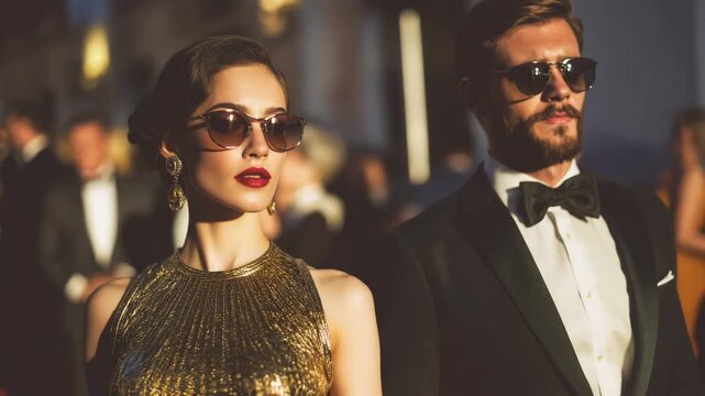 Glamorous couple in tux and glitter gown arrive at upscale gala under flashing cameras