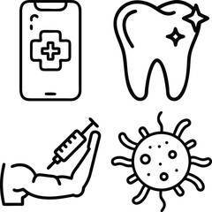 A collection of four simple line art icons depicting a smartphone with a medical cross, a sparkling tooth, an arm receiving an injection, and a virus.