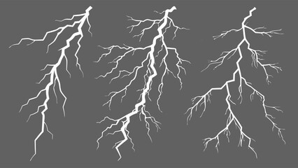 Three Stylized White Lightning Bolt Illustrations on Transparent Background.