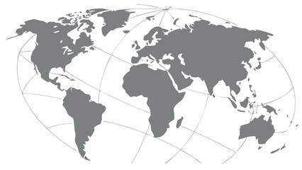 Simplified Gray World Map Depicting Continents and Gridlines.