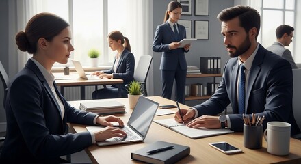 Focused business professionals diligently working and collaborating in a bright, modern corporate office setting, highlighting productivity and teamwork.