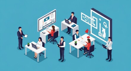 Diverse business professionals collaborate in a modern office, using technology and data for successful teamwork and strategy.