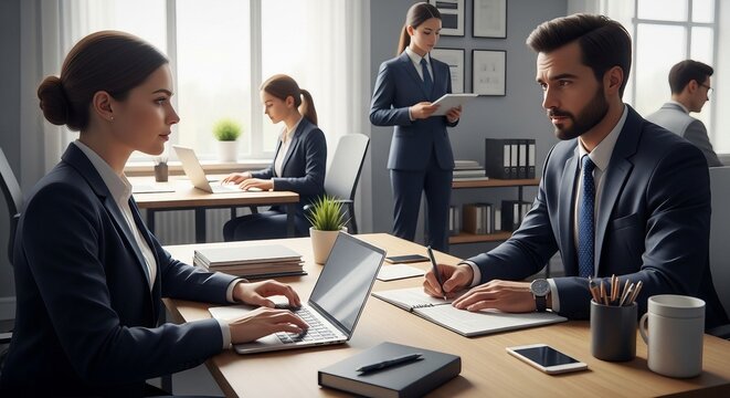 Focused business professionals diligently working and collaborating in a bright, modern corporate office setting, highlighting productivity and teamwork.