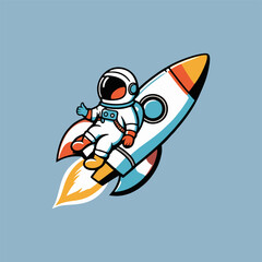 Fun cartoon astronaut joyfully riding a rocket, capturing the excitement of space travel and adventure.