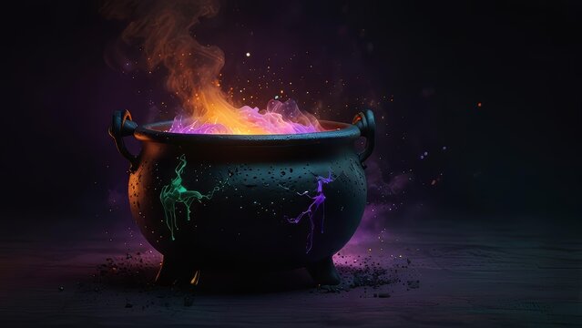 Enchanted Halloween cauldron with trendy colored smoke for web design