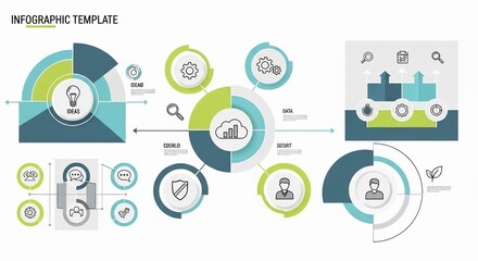 Infographic template with data visualization elements illustrating business concepts like ideas, cloud computing, data security, and growth in a modern, clean design perfect for presentations and repo