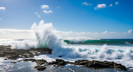A powerful green ocean wave crashes spectacularly against a rocky shore under a bright blue sky.