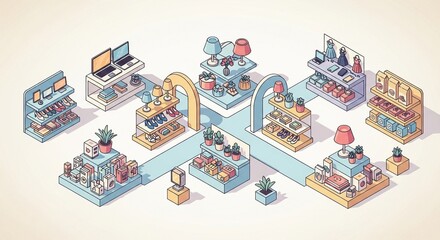 Isometric Illustration of a Modern Online Store with Various Product Categories and a User-Friendly Layout, Perfect for E-commerce Website Design or Marketing Materials.