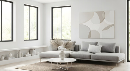Fototapeta premium Bright contemporary living room interior featuring a comfortable grey sofa, minimalist decor, and large windows. Concept of modern home design.