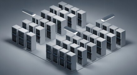 Modern data center with rows of servers and overhead lighting, representing technology and network infrastructure.