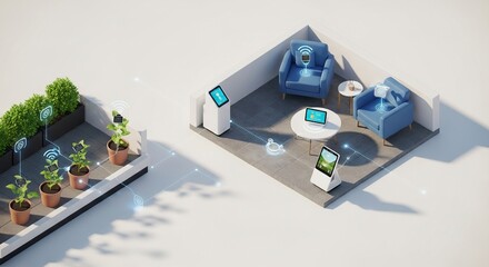 Isometric illustration of a smart home with automated plant care and voice-controlled assistants in a modern living room, showcasing the integration of technology for convenience and efficiency.