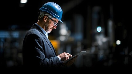 Mature professional in a dark industrial setting uses a tablet.
