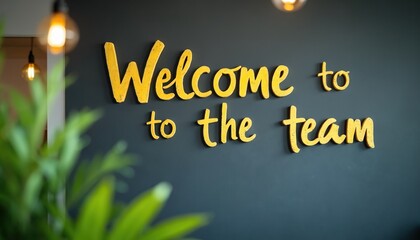 Yellow 3D text reads Welcome to team on dark wall in modern office. Warm lighting from overhead bulbs creates welcoming atmosphere. Blurred green leaves in foreground add touch of nature to pro