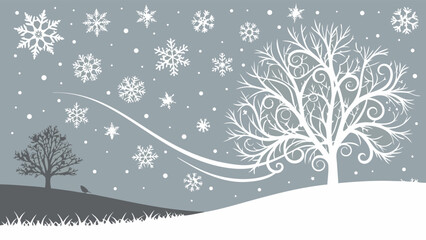 Winter Landscape with Trees Snowflakes and a Bird Silhouette.