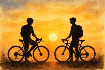 Obraz premium Watercolor of two cyclists at sunset, backpacks and road bikes, symbolizing travel, fitness, and friendship.