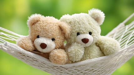 Two teddy bears resting in a hammock.