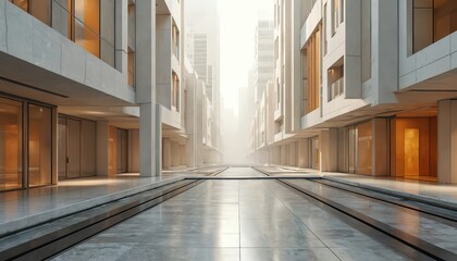Obraz premium Modern urban architecture featuring clean vertical, horizontal lines. Buildings with neutral tones, glass facades line reflective walkway. Scene evokes sense of minimalist design, spaciousness,