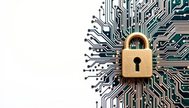 Create an image featuring a circuit board background with a padlock icon placed on it