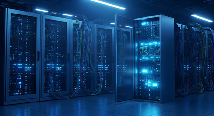 Interior of a futuristic data center with rows of server racks illuminated by cool blue neon lights. Technology and cloud computing concept.