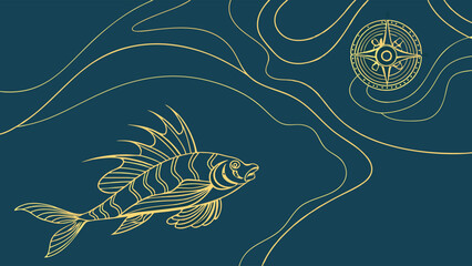 Elegant Gold Line Art Fish and Compass Design.